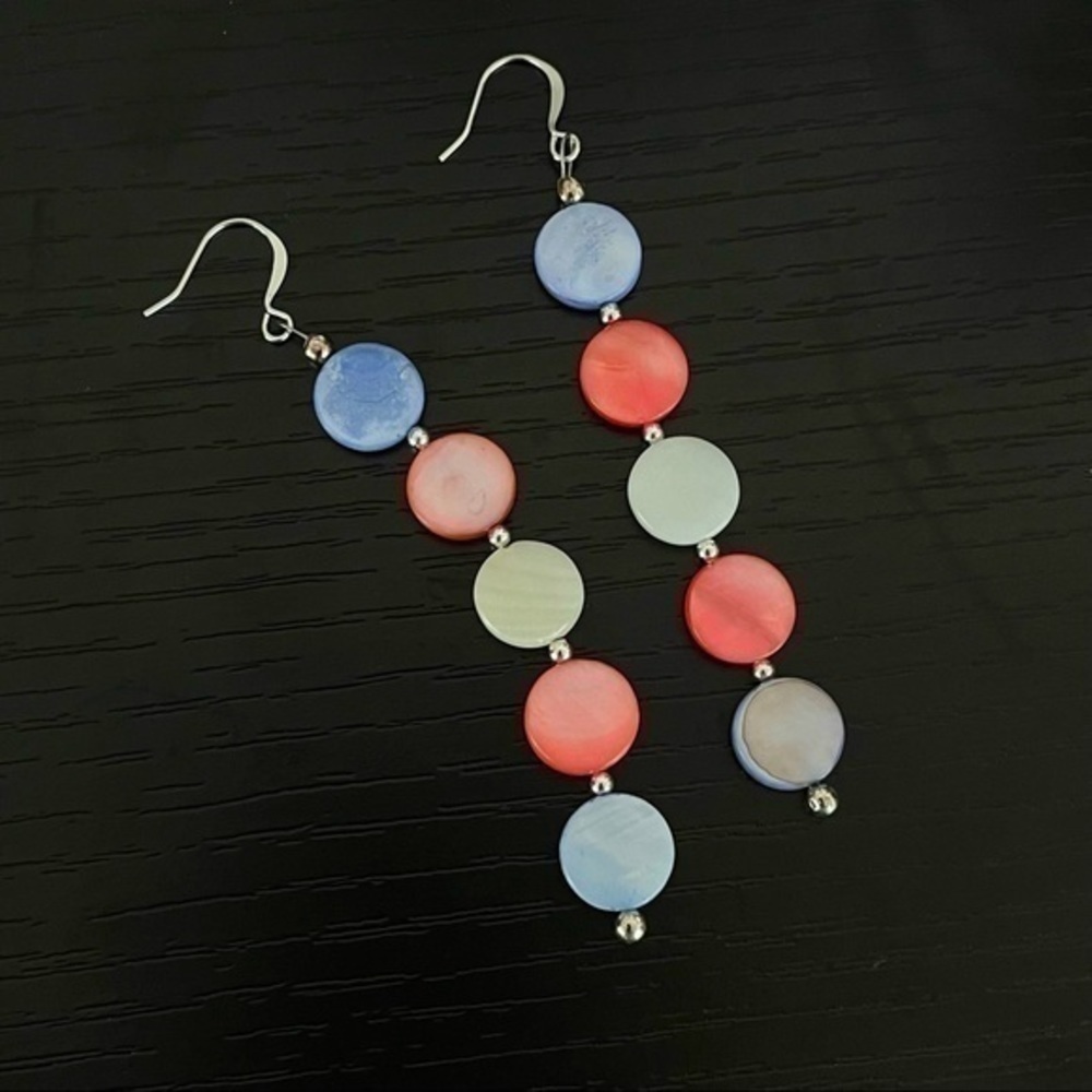 $10 SALE Trans Pride Flag Round Shell Dangle Earrings 3.5” Handmade - Picture 3 of 5